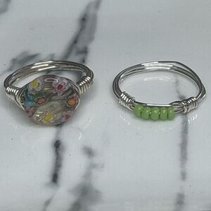 Botanical Floral Green Seed Bead Silver Tone Wire Fashion Ring Set Size 6.5 & 7